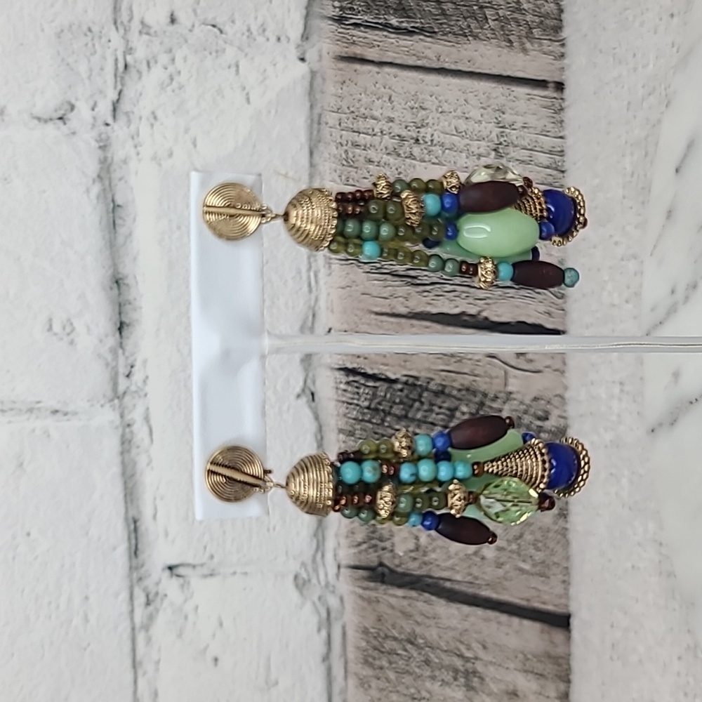 Ralph Lauren Beaded Tassel Drop Earrings in Green, Blue & Gold